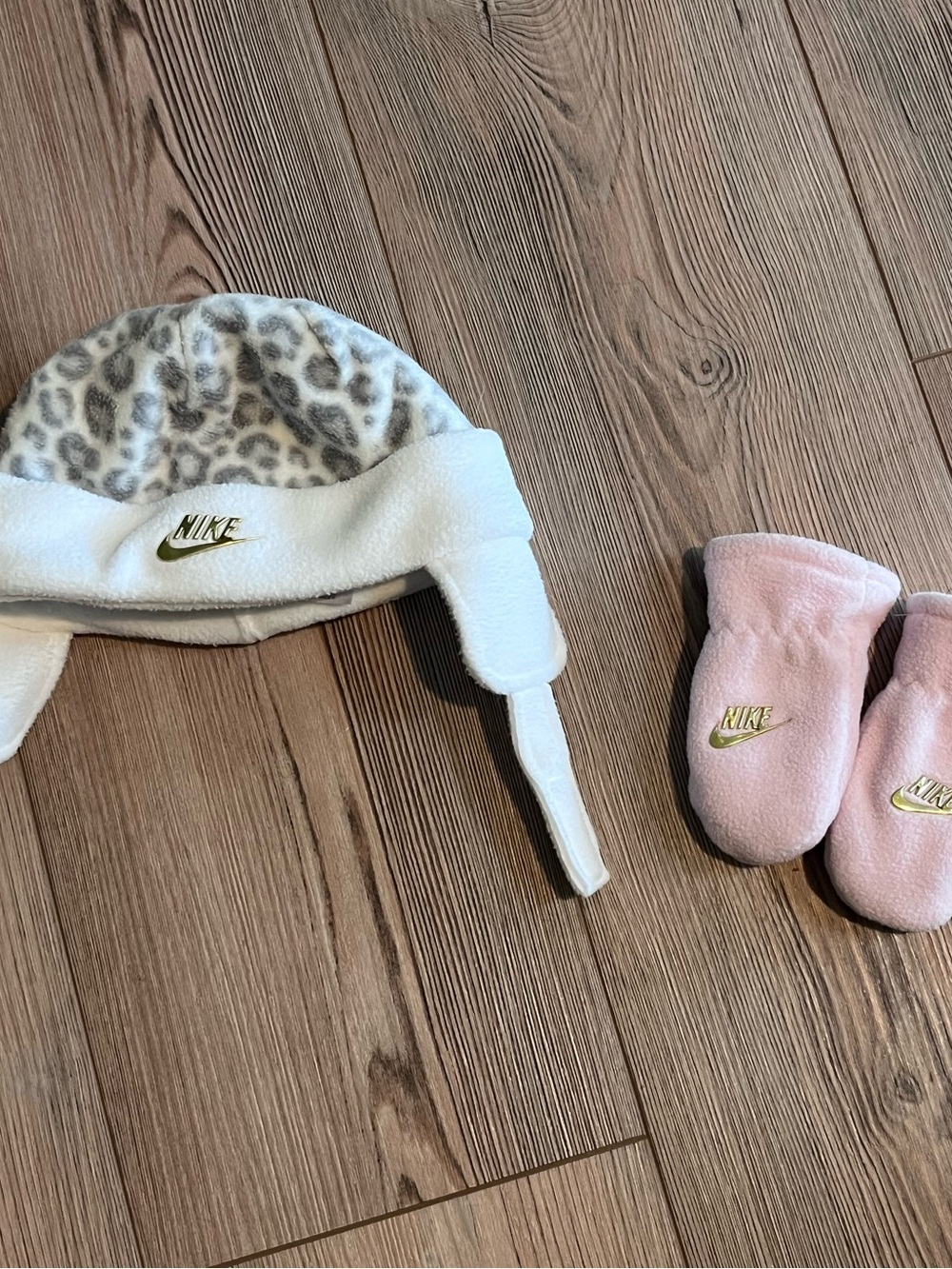 Nike Infant Fleece Earflap Hat & Mittens in White, Pink and Gold